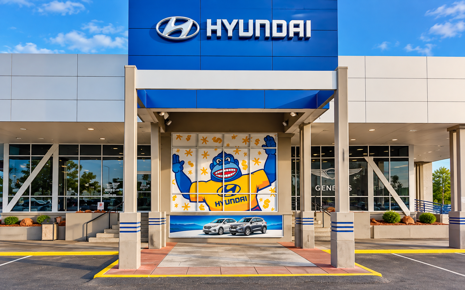 Hyundai storefront glass with branded window graphics